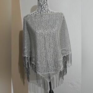 Cejon Silver Gray Open-Knit Fringe Poncho
